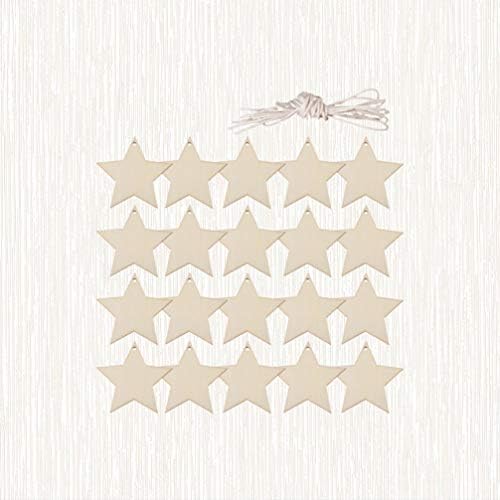 SUPVOX 50pcs Wooden Star with Holes and Rope for DIY Crafts Star Cutouts Embellishments Wedding Hanging Heart Decorations Ornaments