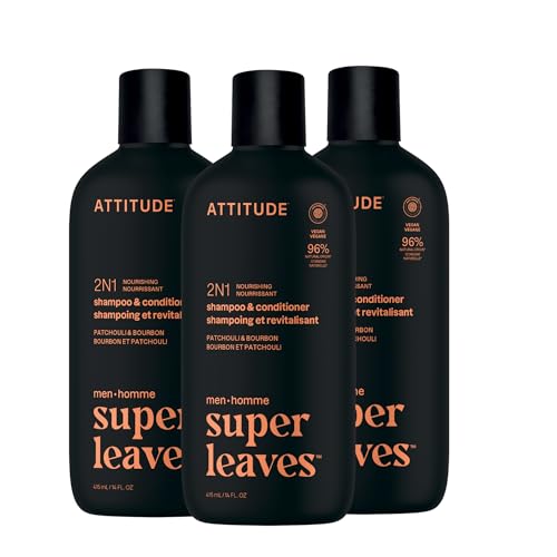 Image of ATTITUDE Men's Shampoo and Conditioner 2-in-1, Nourishing For Dry Hair and Scalp, With Panthenol and Ginseng, 97% Natural Origin Ingredients, EWG Verified, Patchouli & Bourbon, 14 Fl Oz (Pack of 3)