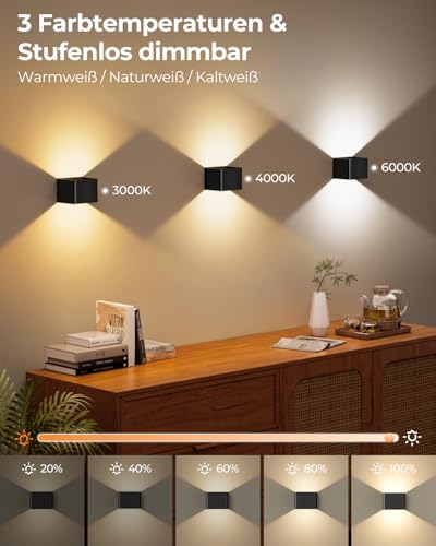 VIWAVE 2 Stück Akku Wandleuchte Innen mit Bewegungsmelder & Fernbedienung,3 Farben LED Wandleuchte Ohne Stromanschluss,Kabellose Wandlampe Innen Batterie mit Schalter,Wandlampe Akku Schwarz Dimmbar