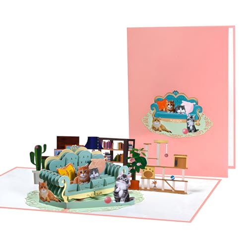 yaartz Funny Animal Pop Up Card for Dog & Cat Lovers, All Occasion Card with Envelope and Blank Note Tag for Christmas Birthday Anniversary Valentine's Day Thank You Card, Cats on Sofa
