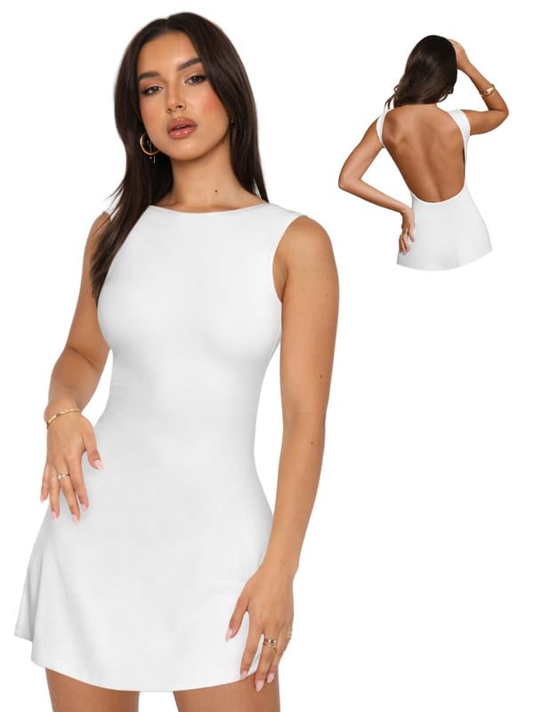 Sukiglam Kleid Damen Sexy Kurzes Kleider Elegantes Ärmelloses Boot Ausschnitt Minikleid Rückenfreies Sommerkleid Bodycon Kleid Kurze Partykleid...