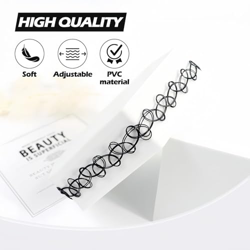 soodyoow 3er Set Ketten Armband Ring Halskette Choker Tattoo Stretch Accessoires Schwarz elastisch Damen 90er Jahre Style Gothic Punk Schmuck Set