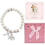 Crunier Schutzengel Armband, Kommunion Geschenke für Mädchen Frauen - Perle Armbänder mit Geschenkbox Karte Kreuz Engel, Taufgeschenke Erstkommunion Konfirmation Weihnachten Geschenk