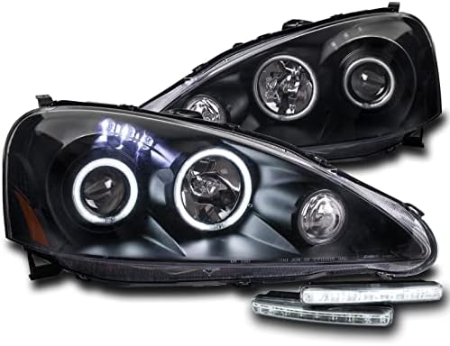 For 2005-2006 Acura RSX CCFL Halo LED Black Projector Headlights Lamps with 6" White LED DRL Lights