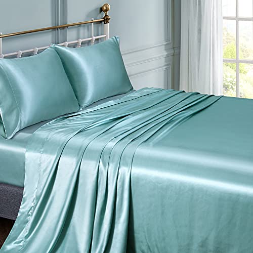 Vonty Satin Sheets Full Size Silky Soft Satin Bed Sheets Aqua Satin Sheet Set, 1 Deep Pocket Fitted Sheet + 1 Flat Sheet + 2 Pillowcases #TOP1