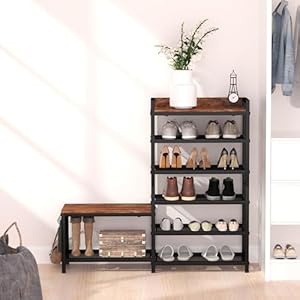   Shoe-Rack-Bench-6-Tier-Shoes-Rack-for-Front-Door-Entrance-Closet-Entryway-Shoe-Storage-Organizer-with-Seat-Made-by-Wood-Metal-Equipment-Multi-Functional-Hooks
