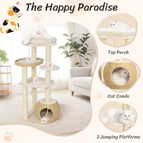 KAMABOKO Modern Cat Tree, 53\" Cat Tower for Indoor Cats Natural Sisal Scratching Posts, Hand-Woven Condo & Top Perch, Cat Tree Tower for Kittens Climb Play & Rest