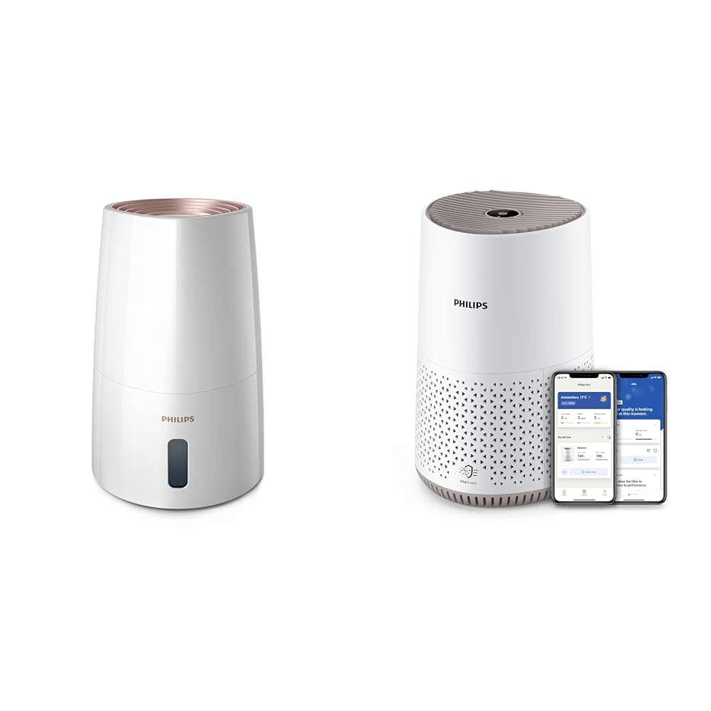 Philips Series 3000 Luftbefeuchter – für Räume bis 45 m² & Philips Luftreiniger 600 Serie. Ultraleise und energieeffizient Für Allergiker. HEPA-Filter entfernt 99