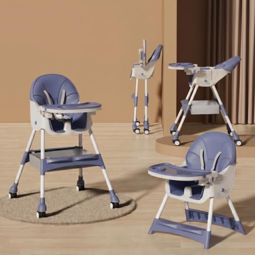 Image of 2-in-1 Convertible Baby High Chair for Feeding & Dining | Foldable High Chair with 5-Point Safety Harness, Double Removable Tray, Wide Footrest, Soft Cushion & Storage Basket | Lightweight Travel Friendly Baby Feeding Chair ( Blue Color )