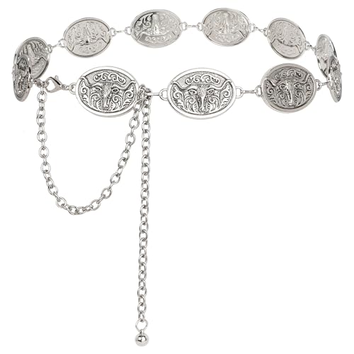 Image of WHIPPY Women Concho Chain Belt Metal Link Western Cowgirl Turquoise Chain Belt for Dress