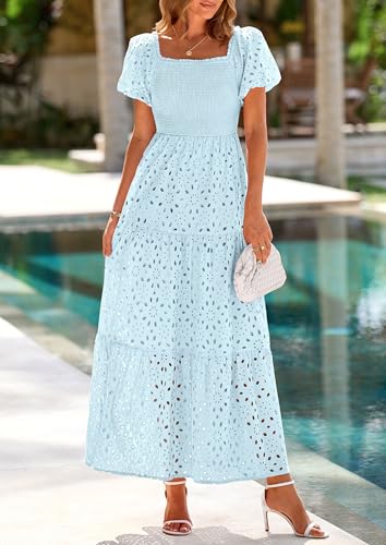 Image of PRETTYGARDEN Summer Dresses for Women 2026 Eyelet Square Neck Puff Sleeve Smocked Wedding Guest Maxi Dress with Pockets