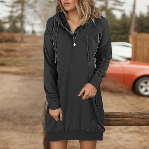 Women's Fall Hoodies Mini Dress Casual Long Sleeve Sweatshirts Drawstring Button Hooded Pullover Tunic Dress2