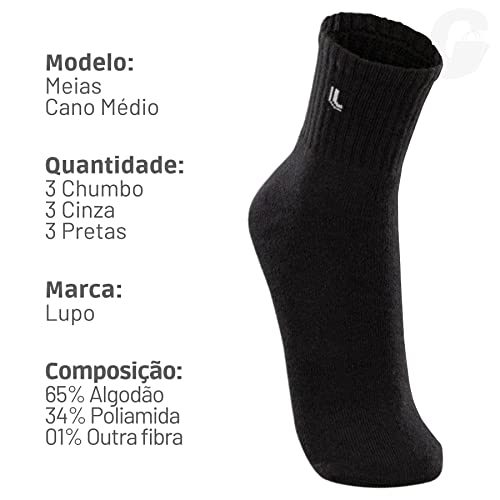 Kit 09 Pares Meia Lupo Sport Cano Médio Algodão Adulto Unissex | 3 Cinza Mescla Escuro - 3 Cinza Mes