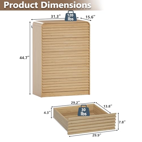 Image of 5 Drawer Dresser for Bedroom, 45 inch Tall Fluted Dresser with Curved Edge and Ergonomic Handleless, Large Wooden Clothes Storage Organizer, Modern Chest of Drawers for Closet, Living Room, Natural Wood