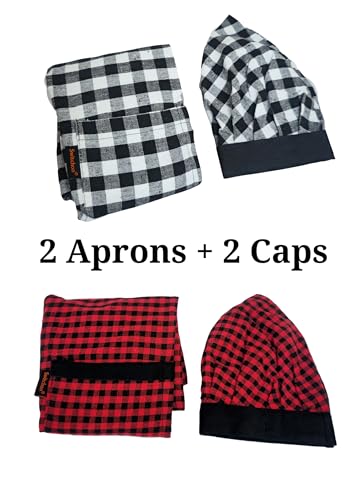 Image of Switchon Checkered Cotton Kitchen Cooking Apron with Chef Hat - Pack of 2 | Multi-Purpose Chef & Waiter Apron for Men & Women | Home, Hotels, Restaurants & Cafes | Proudly Made in India
