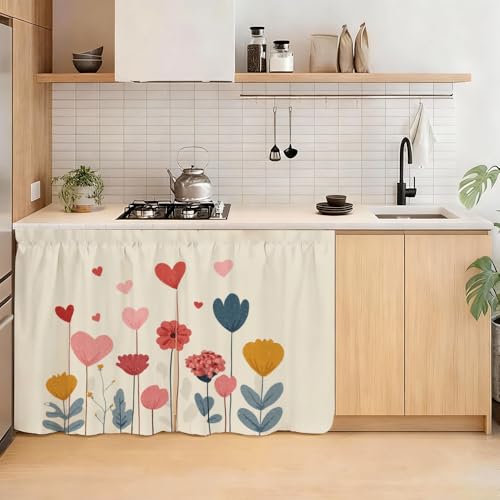 Image of Self Adhesive Floral Heart Cabinet Curtain for Mother's Day, 39x28 Inch Colorful Spring Flower Under Sink Skirt No Drill, Deep Cleaning Kitchen Decor, Hook and Loop Laundry Valance