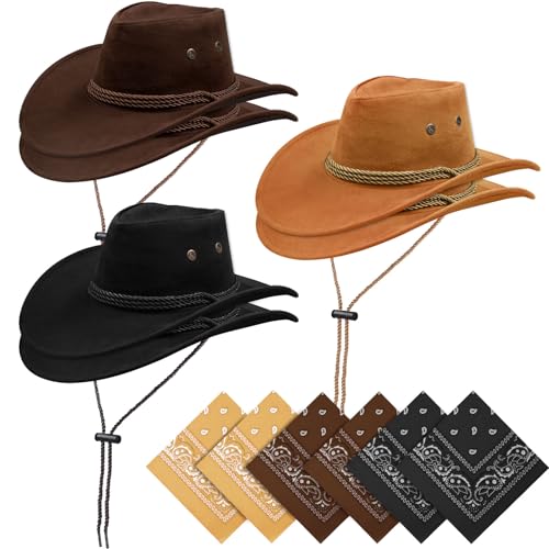 KisSealed 12Pcs Cowboy Hats and Bandanas Western Cowboy Hats Bulk Wide Brim Cowgirl Hats Costume Party for Men Women
