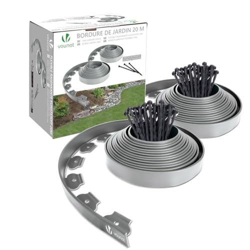 VOUNOT Plastic Lawn Edging Border with 60 Ground Anchors, 20m Flexible Garden Edging Strip for Grass, Paths, Gravel or Flower Beds, Weatherproof Landscape Border, 5cm High, Light Grey