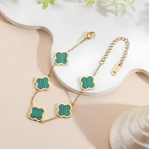 Image of STYOLLO Four-Leaf Clover Anti Tarnish Bracelet for Women & Girls Stylish | Elegant Gold-Plated Lucky Charm Jewelry | Aesthetic Enamel Design Adjustable Chain Bracelet for Daily, Gifting & Festive
