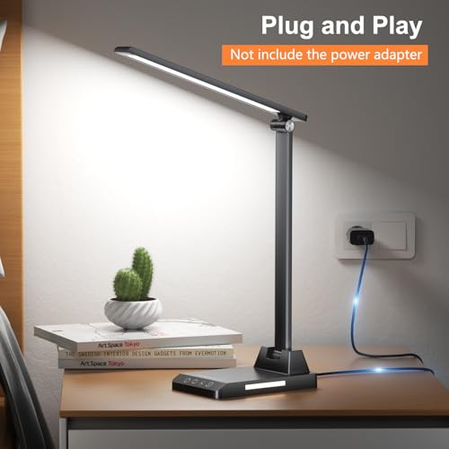 Ylatoial Schreibtischlampe LED Dimmbar, LED Tischlampe mit 5 Farben und 10 Helligkeitsstufen, USB Ladeanschluss, Nachtlicht, Timer, Touch Steuerung, Schreibtischlampe Kinder für Lektüre Büro, Schwarz