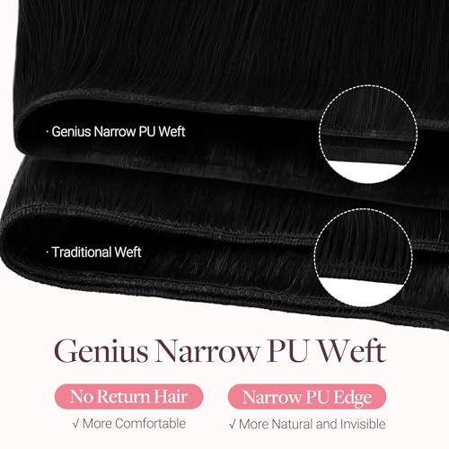 Image of GOO GOO Genius Narrow Edge PU Weft Hair Extensions Human Hair, Invisible Sew in Hair Extensions Human Hair, 1 Jet Black 18 Inch 100g, Seamless Soft Lightweight