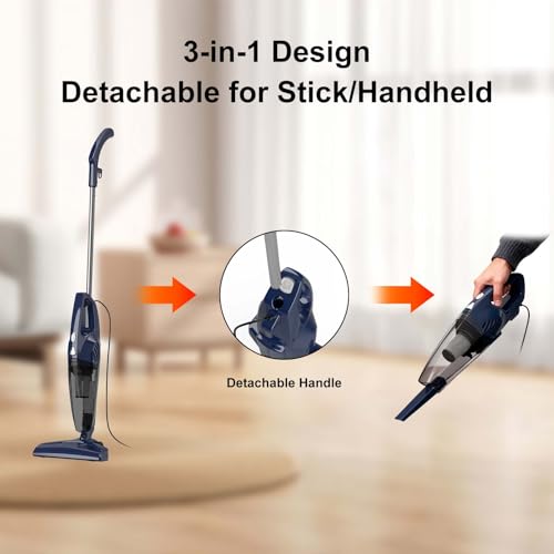 Image of Corded Stick Vacuum Cleaner, 3-in-1 Detachable to Handheld with 180Left-Right Steering, 14KPA Powerful Suction for Pet Hair on Hard Floors, HEPA Filter, Lightweight with 16.4ft Long Cord