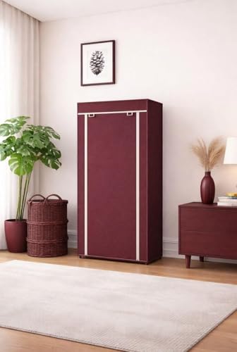 Image of Collapsible Fabric Wardrobe with 6 Shelves, Navy Blue, Metal, Rectangular, Lightweight, Modern, Foldable Clothes Storage Organizer (Maroon)