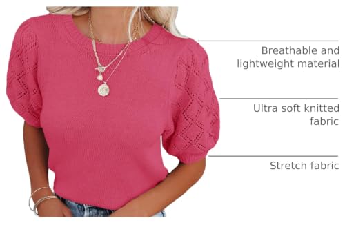 Image of Womens Short Sleeve Sweaters Crewneck Knit Pullover Tops 2025 Summer Casual Lightweight Crochet Blouse Shirt