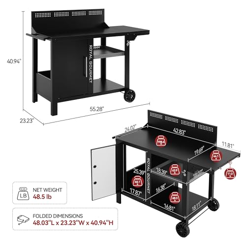Image of PC4001B 3-Tier Prep & Work Table with Middle Shelf Black | Bottom Shelf, Side Shelf with Hooks, Storage Cabinet, Bottle Opener, Side Handle, 2 Wheels for Easy Mobility,