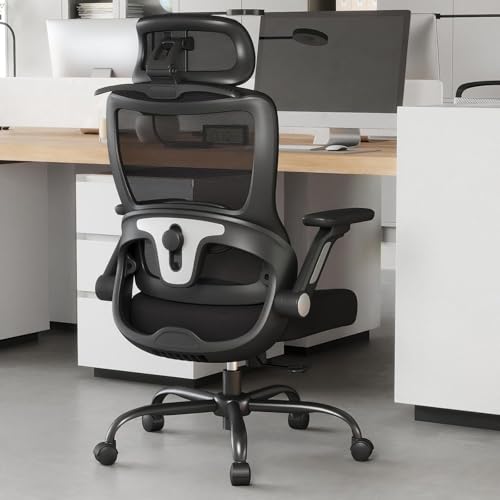 Image of Ergonomic Office Chair, High Back Home Desk Chair with Adjustable Lumbar Support, Flip-Up Arms, Headrest, 90-135 Tilt Lock, Wide Big and Tall Mesh Computer Seating with Wheels