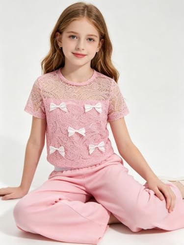 Image of Girls Clothes 2 Piece Short Sleeve Lace Bow Print Tops Flared Pants Set Little Girl Outfits Size 7-14