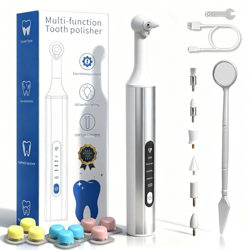 Home Tooth Polisher Multi-Functional LED Tooth Polisher Aluminum Alloy with Anti-Slip Texture 9 polishing Paste Units USB Type-C Charging 6 Polished Accessories Personal Portable Dental Care Tool