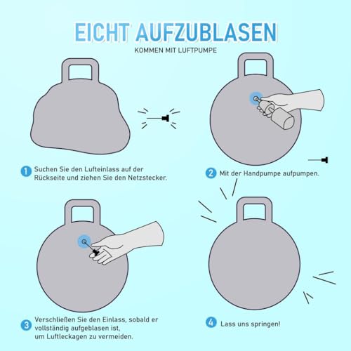 U&C Planet Hüpfball Aufblasbarer Hopperball mit Pumpe, 55 cm Hopper Ball für Kinder max. Belastbarkeit 100 KG, Spielzeug für Kinder 7-12 Jahre Drinnen & Draußen,Wolke blau