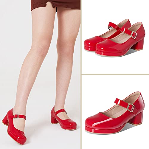 Femflame Women's Low Chunky Heel Mary Jane Pumps Ankle Buckle Strap Sweet Round Toe Dress Shoes Jk Cosplay Uniform Dress Shoes Red #TOP4
