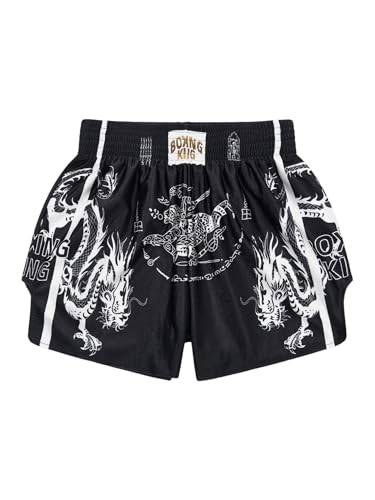 BEAUDRM Mens Muay Thai Shorts Graphic Elastic Waist Kickboxing Baggy Sport Gym Shorts Black Medium