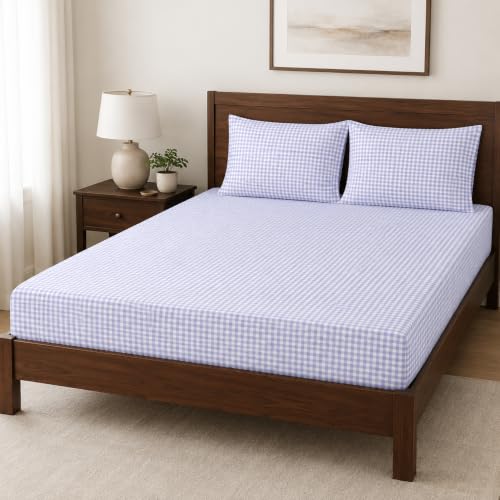 Image of la'amour 100% Cotton Elastic Fitted Bedsheets with 2 King Size Pillow Covers Double Bed with All Around Elastic Supersoft Size - 72 King Sizex78+10 inches Lavender & Sage 200 tc - 220 tc