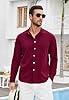 Enlision Mens Burgundy Linen Shirts Long Sleeve Shirt Wine Red Henley Cotton Casual Summer Button Down Beach Holiday with Pocket 4XL #2