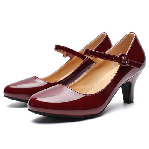 Image of Women's Vintage Mary Jane Shoes Dress Comfortable Low Kitten Heels Ankle Strap Closed Round Toe Office Work Wedding Pumps