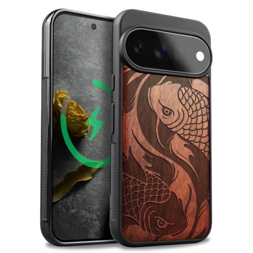Coque Pixel 11 Pro en bois de rose gravé poisson koï avec protection Magsafe