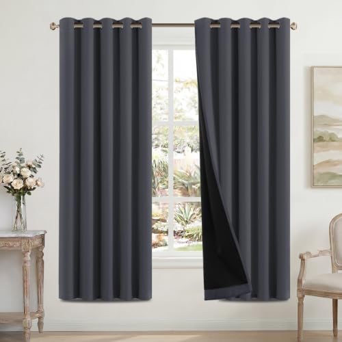 Image of H.Versailtex 100% Blackout Curtains for Bedroom with Black Liner Eyelet Curtains for Living Room Full Room Darkening Thermal Insulated Window Drapes, 2 Panels, 66 x 72 Inch, Charcoal Grey
