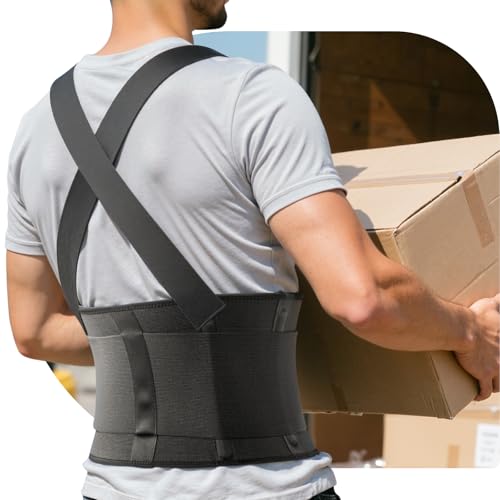 Work Back Brace for Men & Women, Adjustable Lower Back Support Belt with Suspenders for Back Pain Relief, Moving Construction Warehouse Heavy Lifting Safety & Protection (Black, Large)