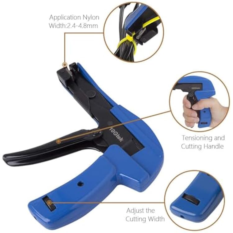 10Gtek Cable Tie Gun - أداة التثبيت والقطع مع مقبض خاص لربط كابل النايلون وكابلات القطع باللون الأزرق