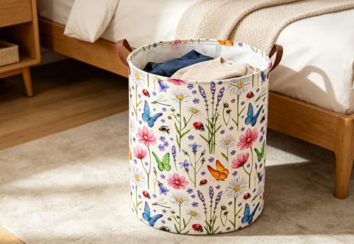 Image of ESSME Laundry Basket,Flower Hamper Collapsible Canvas Waterproof Storage Bin for Form, Nursery Hamper,Gift Baskets(Flower cluster)
