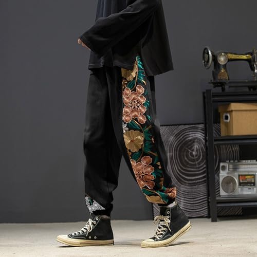 Casual Pant for Men Japanese Retro Embroidered Floral Print Drawstring Bound Foot Trousers Fashion Hip Hop Streetwear2