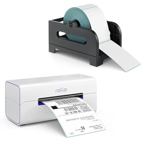 Rollo Wireless Thermal Shipping Label Printer and Label Holder Bundle - High Speed Direct Thermal Printer for Shipping Packages with Thermal Label Holder for Stack or Rolls Cover