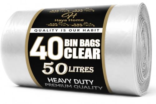 Haya Home 50L litre 40 Large & Tough Clear Recycling Bags Transparent Recycling Bin Bags Rubbish Bags and Refuse Sacks 120 Gauge Bin Liners Heavy Duty Bin Bags Large Waste Bags 100% Recycled Material