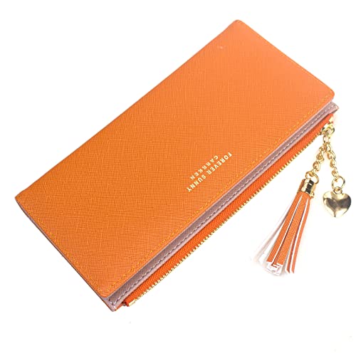Image of SUMGOGO Wallets for Women Slim Clutch Purse Handbag Card Holder Womens Long Tassel Zipper Pocket Fashion Taiga Leather Billfold Wallet (Orange)
