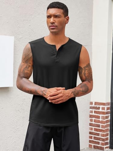 Runcati Tank Top Herren Ärmelloses Gym Fitness Henley Shirt Männer Einfarbig Slim Fit Muskelshirt Lässige Basic Unterhemd Sommer Strand T-Shirt Tops Schwarz XXL