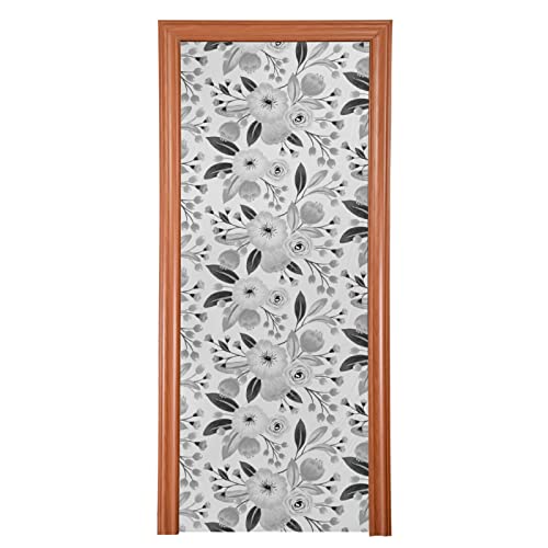 Poeticcity Black Grey Floral Flowers on White Door Cover, Washable Fabric Durable Door Decoration Silk Microfiber for Front Door Porch Home Indoor Outdoor Party 35x79 inches