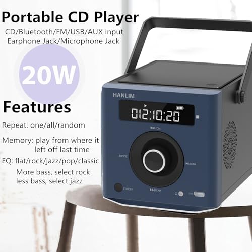 Hanlim HL-108-BLUE Portable Cd Player 20W Bluetooth Compatible/Fm Radio/Mp3 Playback/Usb/Aux Input/Headphone Jack/Microphone Jack/Remote Control thumb #1